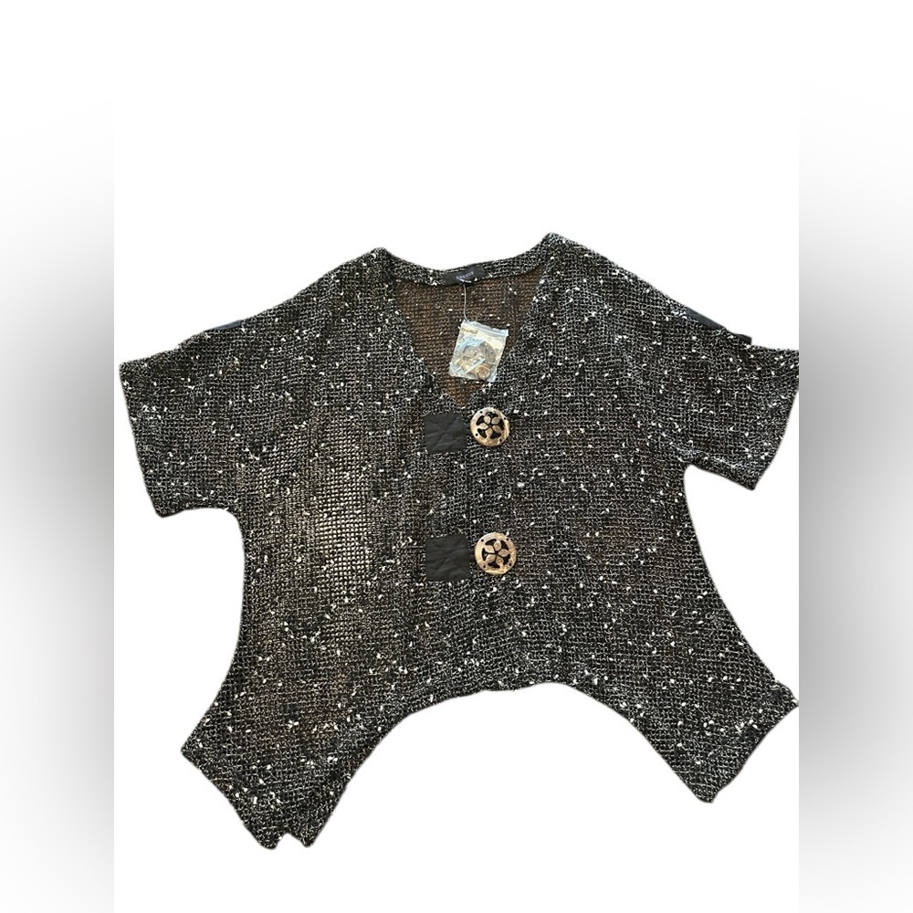NWOT KAKTUS Jacket/Topper Black/Tan Open Crochet Knit Artsy Top Sz L